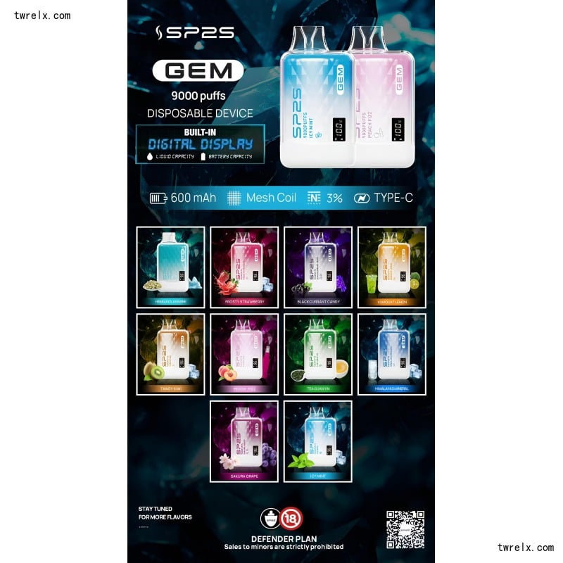SP2S GEM 9000 Puffs 拋棄式電子菸推薦|可充電・15 款口味|台灣現貨 1 SP2S GEM 9000 Puffs拋棄式電子煙 一次性可充電電子煙 台灣現貨 產品實拍