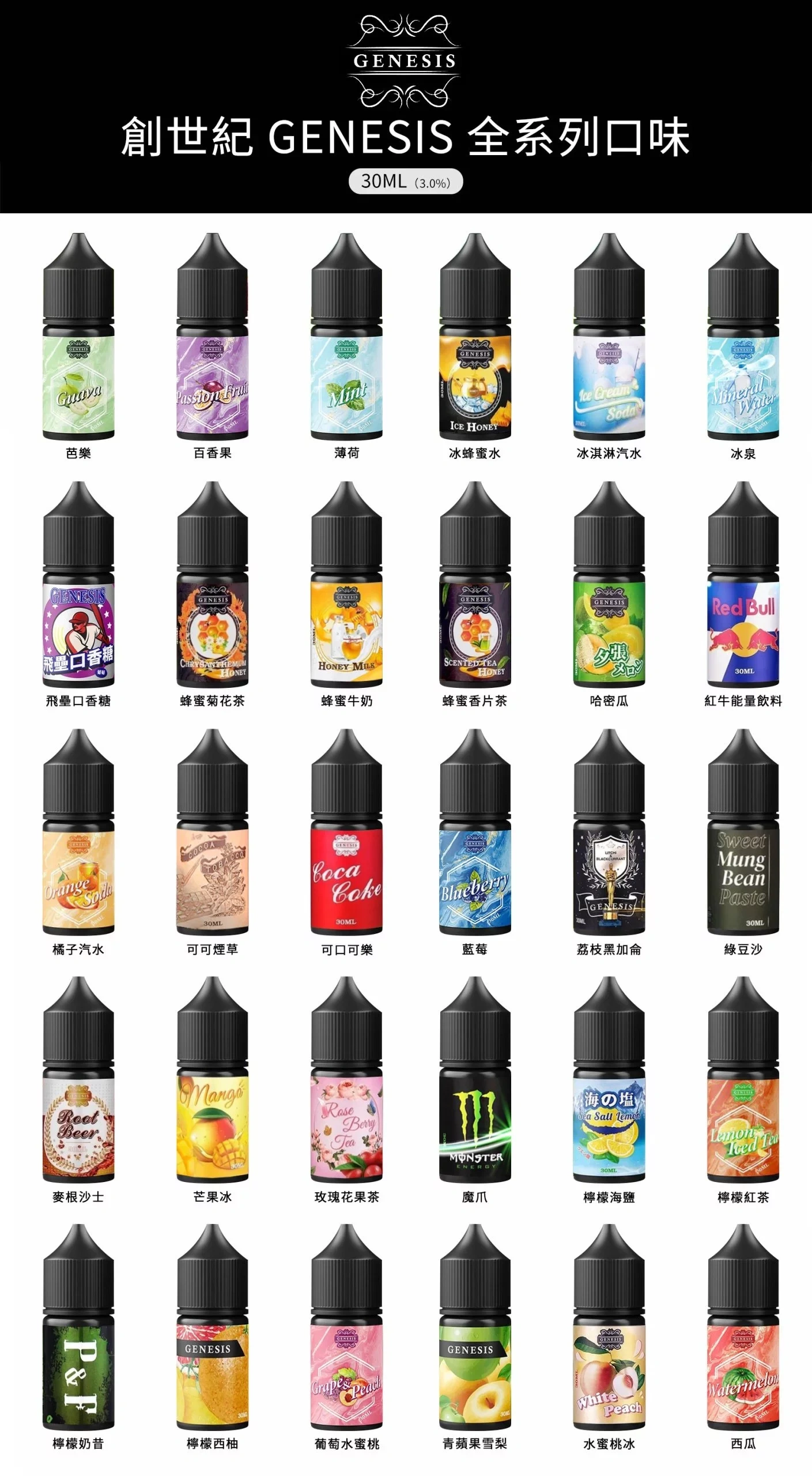GENESIS 創世紀小煙油推薦|30ml・0mg 與 30mg 尼古丁鹽・28 款口味 1 GENESIS 創世紀小煙油推薦 多口味選擇與0mg 30mg尼古丁鹽全解析 產品實拍