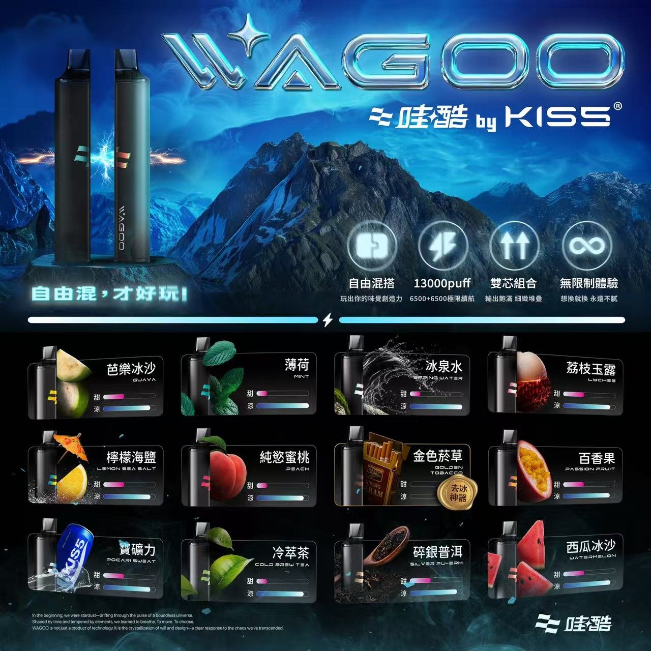 WAGOO KIS5 6500 口拋棄式電子菸推薦|自由混搭雙口味・雙芯組合|台灣現貨 1 WAGOO&kis5 6500口拋棄式 哇酷一次性電子煙 自由混搭雙口味 雙芯組合 產品實拍